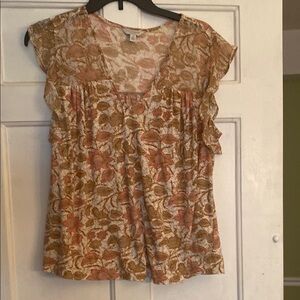 Lucky Brand Cream and Brown Ruffled Cap Sleeve Blouse